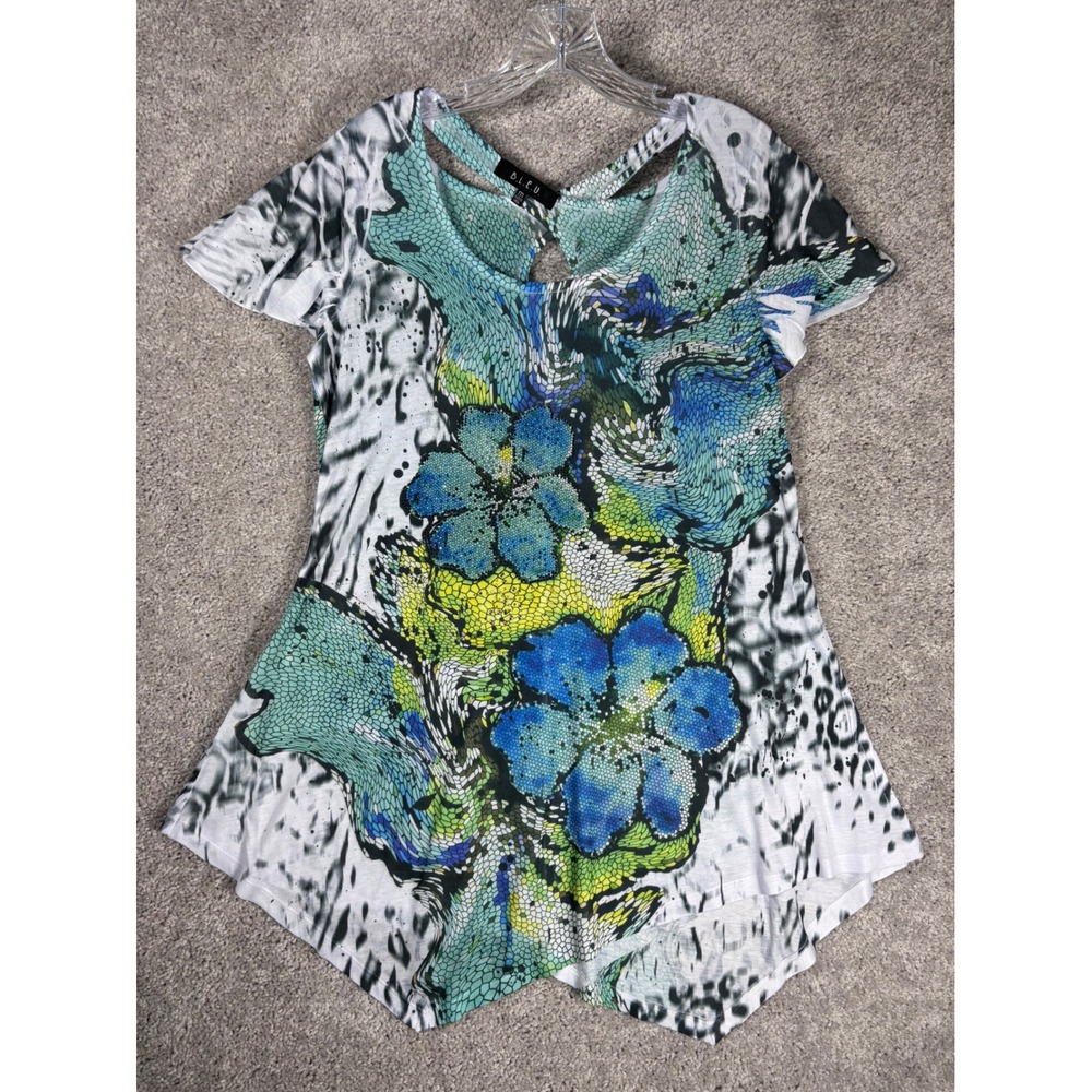 BLEU Women's Medium Blue‎ Green Floral Print Twisted Cutout Tunic Top